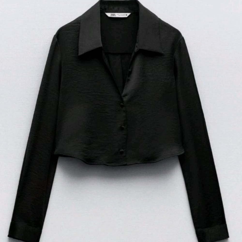 Black Zara satin cropped button top